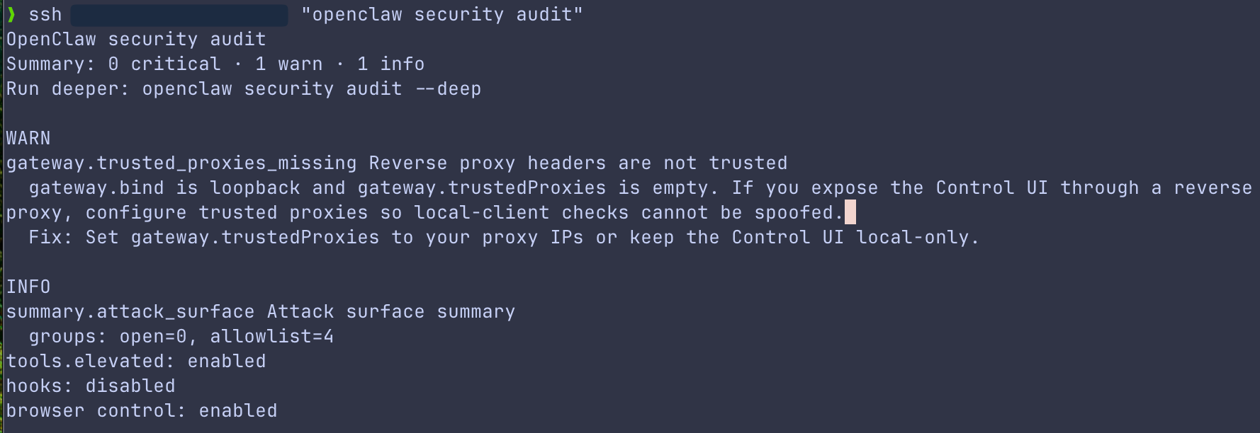 Output of openclaw security audit showing policy checks and recommendations